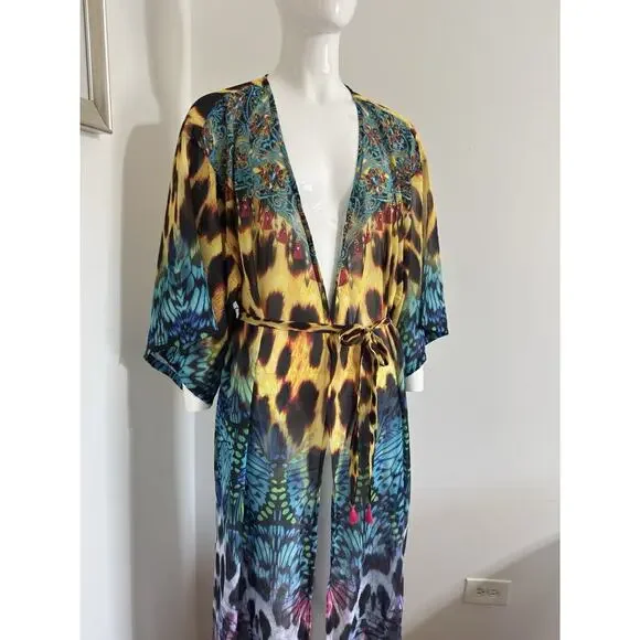 Boho Maxi Kimono Kaftan Women Leopard Butterfly Print Sheer Beaded Cover Up L/XL - Picture 3 of 16